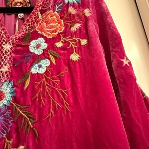 Johnny Was Pink Velvet Embroidered Blouse
